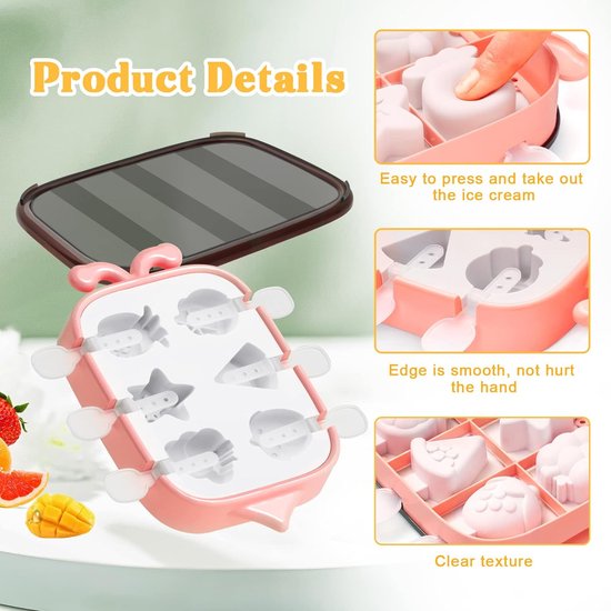 Moule à glace en silicone avec 7 cavités et bâtonnets en plastique colorés pour enfants, famille