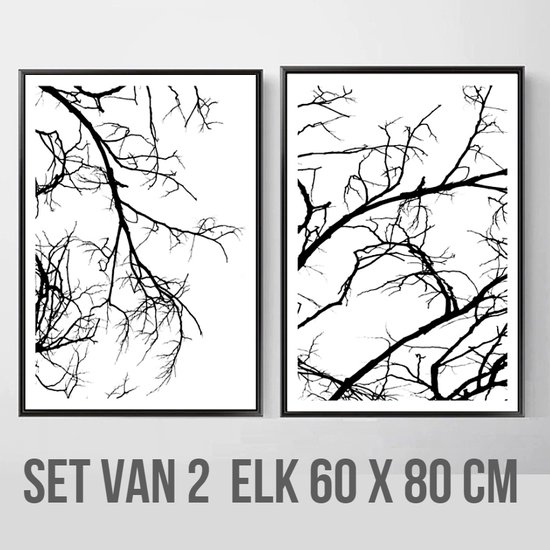 Allernieuwste Canvas Schilderij SET 2 stuks Natuur Boom Takken - Realistisch Modern Minimalisme - zwart Wit - Set 2x 60x80cm