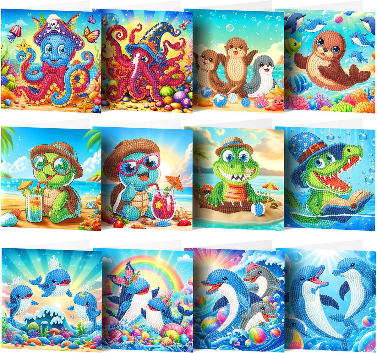 Adorzy Diamond Painting Kaarten Met Dieren – 12 Wenskaarten met envelop - Diamond Painting Volwassenen – Diamond Painting Volledig Pakket