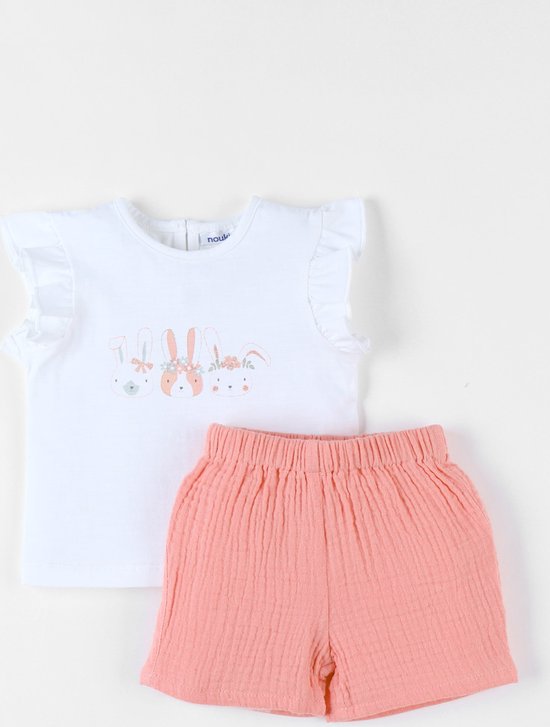 Set t-shirt lapins + short, corail/écru