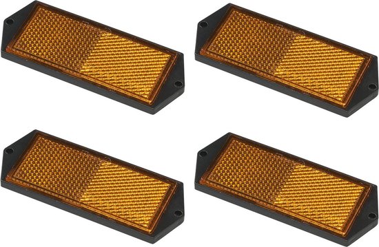 Vier oranje rechthoekige reflectoren met rasterpatroon in zwarte frames.