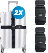 Sangle de valise avec serrure à combinaison et étiquette de valise - 2 pièces - Ajustable - Sangle de bagage - 200 centimètres - Sécurité Extra - Voyages - Zwart