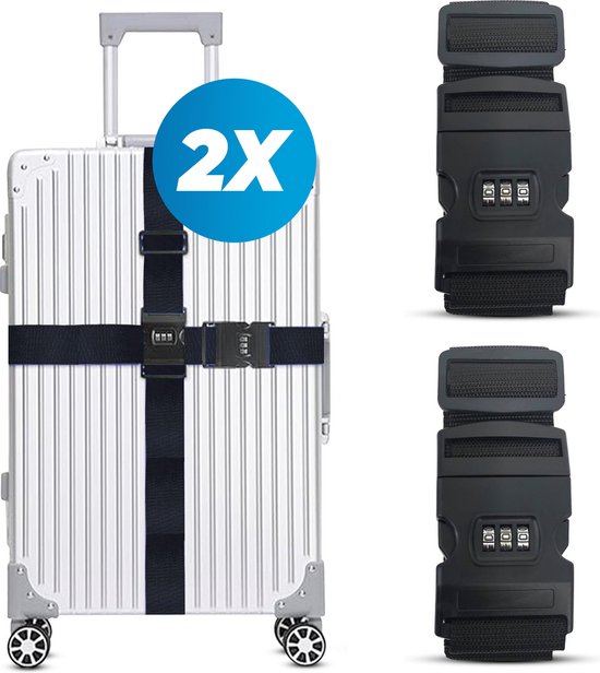 Kofferriem met cijferslot en kofferlabel - 2 stuks - Verstelbaar - Bagageriem - 200 Centimeter - Extra Beveiliging - Reizen - Zwart