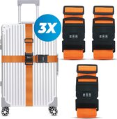 Kofferriem met cijferslot en kofferlabel - 3 stuks - Verstelbaar - Bagageriem - 200 Centimeter - Extra Beveiliging - Reizen - Oranje
