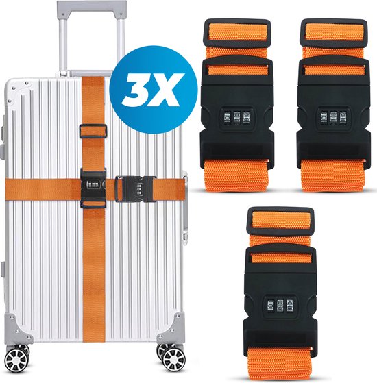 Sangle de valise avec serrure à combinaison et étiquette de valise - 3 pièces - Ajustable - Sangle de bagage - 200 centimètres - Sécurité Extra - Voyages - Oranje