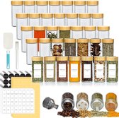 Soothe 36 Glazen Kruidenpotjes Rond met Bamboe Deksel – 2 Soorten Strooideksels – Kruidenstrooier – Spice Jars – Complete Set incl Kruiden Stickers, Krijtstift en Accessoires – 100ml