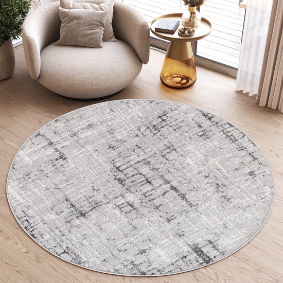 Tapiso Sky Rond Vloerkleed Hoogpolig Grijs Geruit Woonkamer Tapijt Maat- 100x100