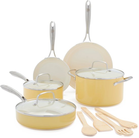 Batterie de cuisine antiadhésive GreenLife Artizan 12 pièces, sans PFAS, jaune