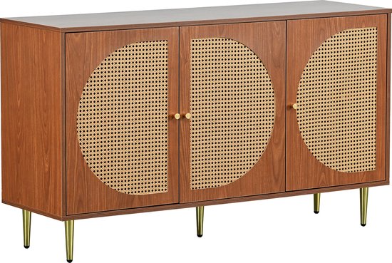 Sweiko Kast met 3 rotan decoratieve deuren, vijf emmerkast met metalen handvatten, geschikt voor slaapkamers, woonkamer, kantoren, walnoothout 129.8x40x76cm