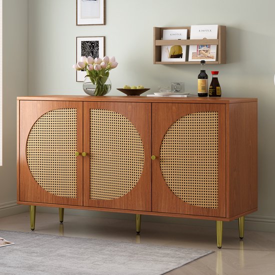 Sweiko Kast met 3 rotan decoratieve deuren, vijf emmerkast met metalen handvatten, geschikt voor slaapkamers, woonkamer, kantoren, walnoothout 129.8x40x76cm