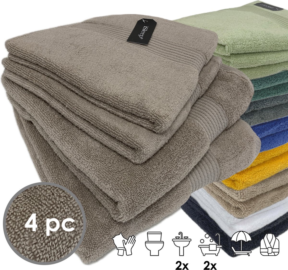iSleep Terry Badtextiel - Voordeelset (4 delig) - 2x Handdoek 60x110 cm - 2x Badlaken 70x1
