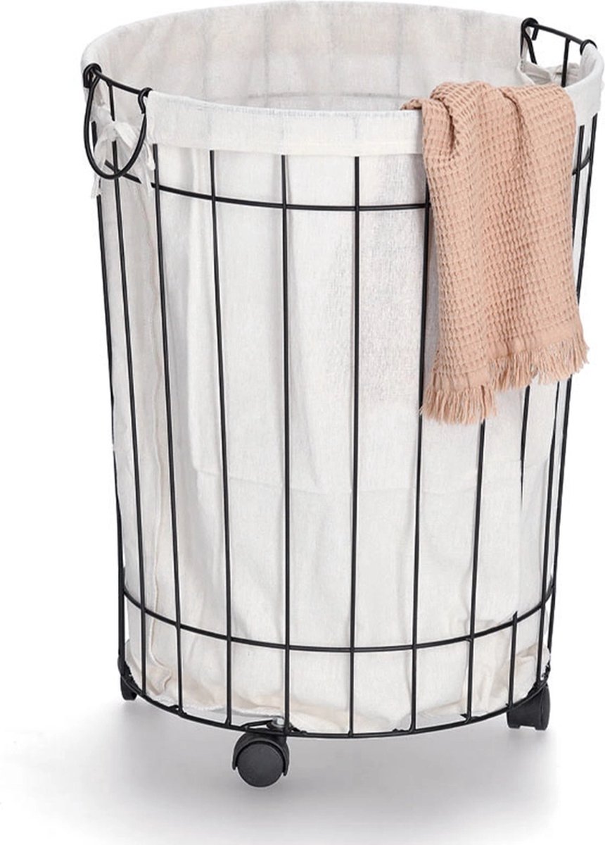 Zeller Metalen wasmand - Zwart/Wit - Op wielen