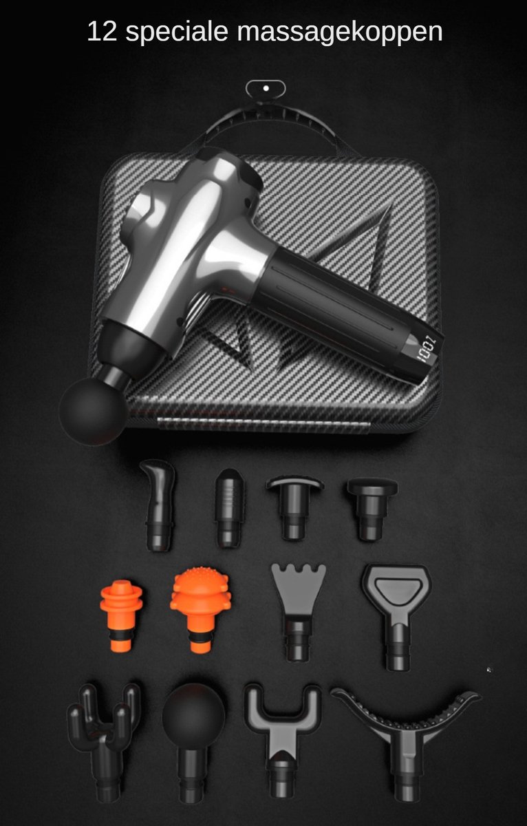 Afbeelding 2 van Selevie Massage Gun - Professioneel Massage Apparaat voor Sport & Ontspanning - 12 Opzetstukken - Krachtige Massage met Instelbare Snelheden - USB Oplaadbaar - Zwart