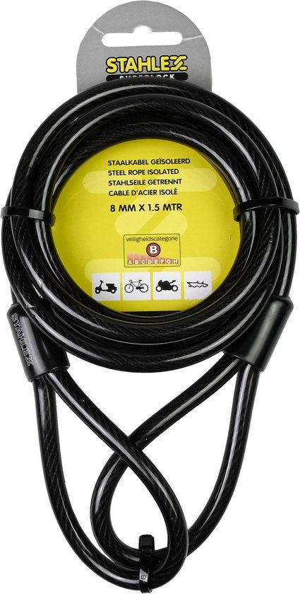 Zwarte Stahlex Superlock staalkabel met lussen, 8 mm x 1,5 mtr.