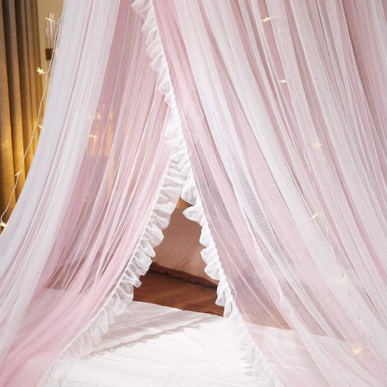 Prinses Bed Luifel Bed Gordijn Dubbellaags Sheer Mesh Dome Bed Gordijn Ronde Kant Prinses Klamboe Tent Fit Twin Full Queen King Size, Roze 1, M (120cm