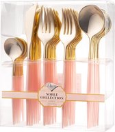 Herbruikbare stevige plastic bestekset - 40 stuks - elk bevat 16 vorken, 8 messen, 8 soeplepels en 8 theelepels - edele collectie - Top: glanzend goud - handvat: lichtroze