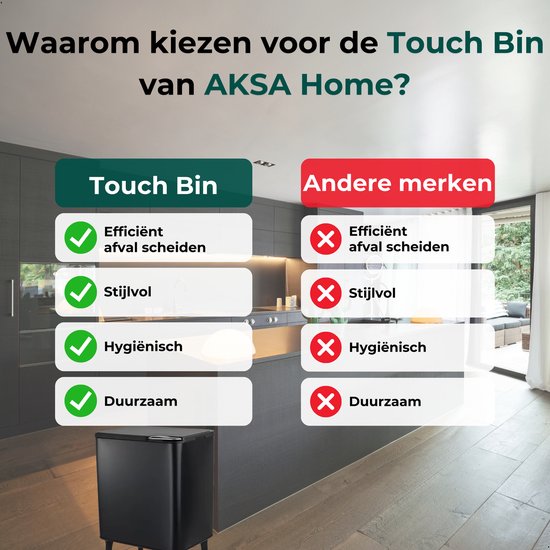 AKSA Home® Touch Bin Prullenbak – Vuilnisbak - Prullenbak afvalscheiding - Afvalscheidingprullenbakken - Afvalbak - 36L - Zwart - AKSA Home