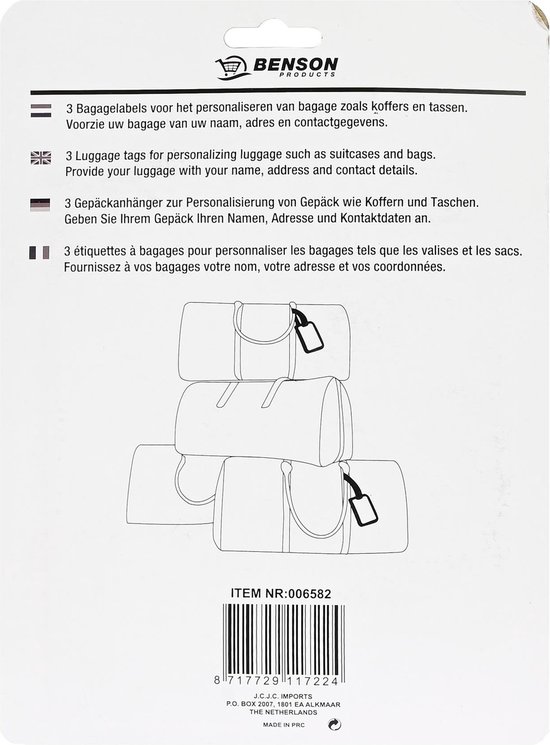 Achterkant van een verpakking met 3 kofferlabels, met productinformatie en illustraties.
