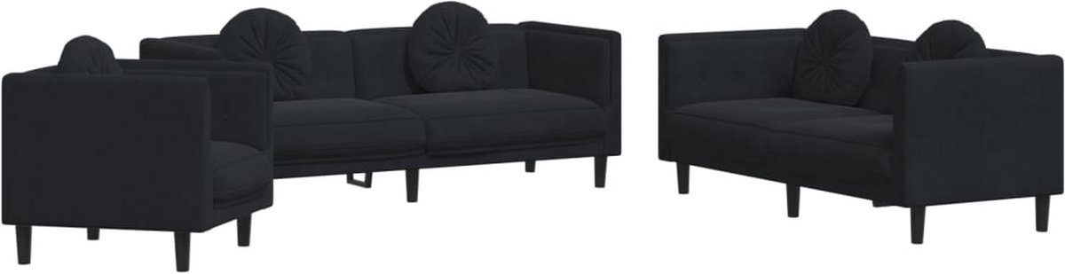 vidaXL - 3-delige - Loungeset - met - kussens - fluweel - zwart