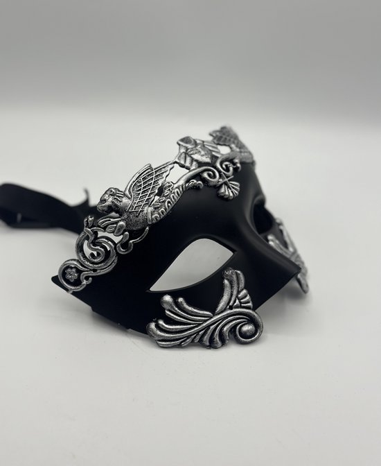 Masque vénitien pour hommes en noir avec argent - Masque de Fête pour hommes avec et sans lunettes - Masque pour porteurs de lunettes - Masque de Gala dans le style grec-romain
