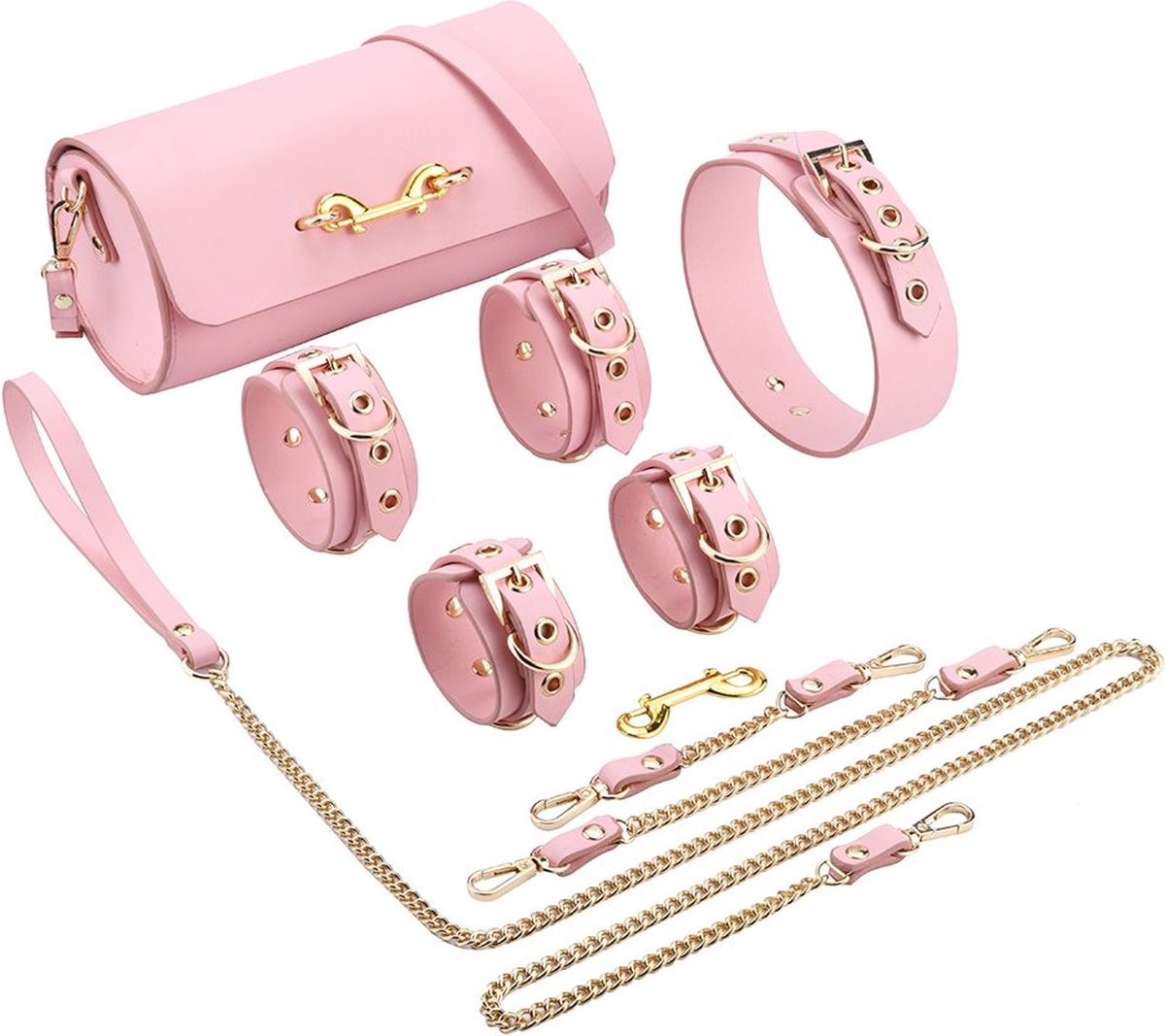 Goedkoopste BDSM Fancy 5 Item Kit - Luxe Draagtas met 5 Verschillende BDSM Artikelen - PU Leer - Vegan - Roze