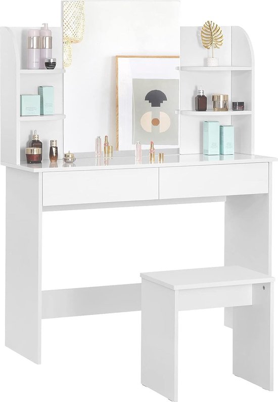 TRIUMPHKEY Make-uptafel met kruk, 90 x 40 cm, kaptafel met grote spiegel en 11 ledlampen, instelbare helderheid, 2 laden, moderne make-uptafel, wit