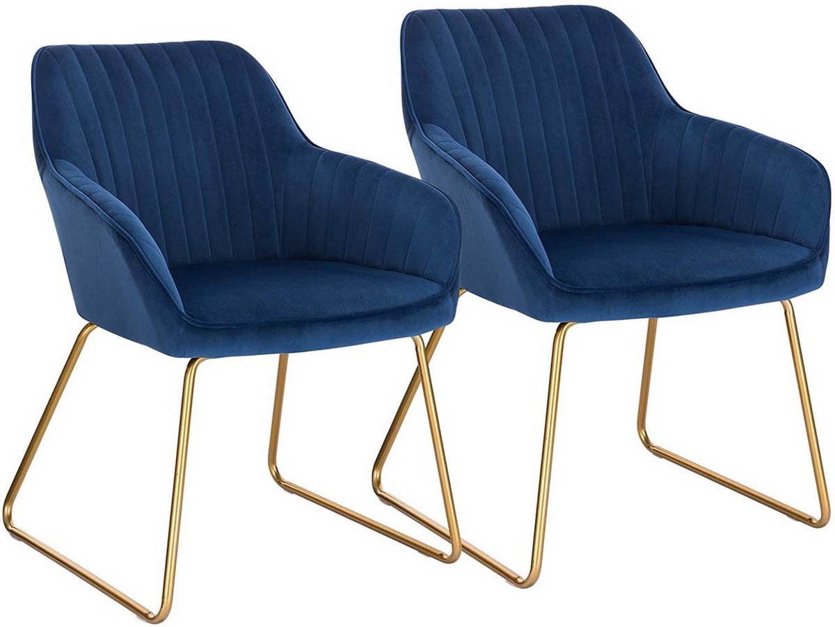 Rootz Living Rootz Velvet eetkamerstoelen set van 2 Fauteuils met gouden poten Gestoffeerde stoelen Uitzonderlijk comfort Duurzaam ontwerp Veelzijdig gebruik Blauw fluweel 45 cm x 44 cm