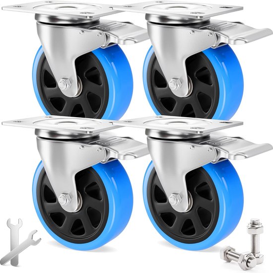 4 stuks zware wielen, 100 mm transportwielen met rem, industriële rollen en 4 stuks zware wielen, 100 mm transportwielen met rem, industriële rollen en