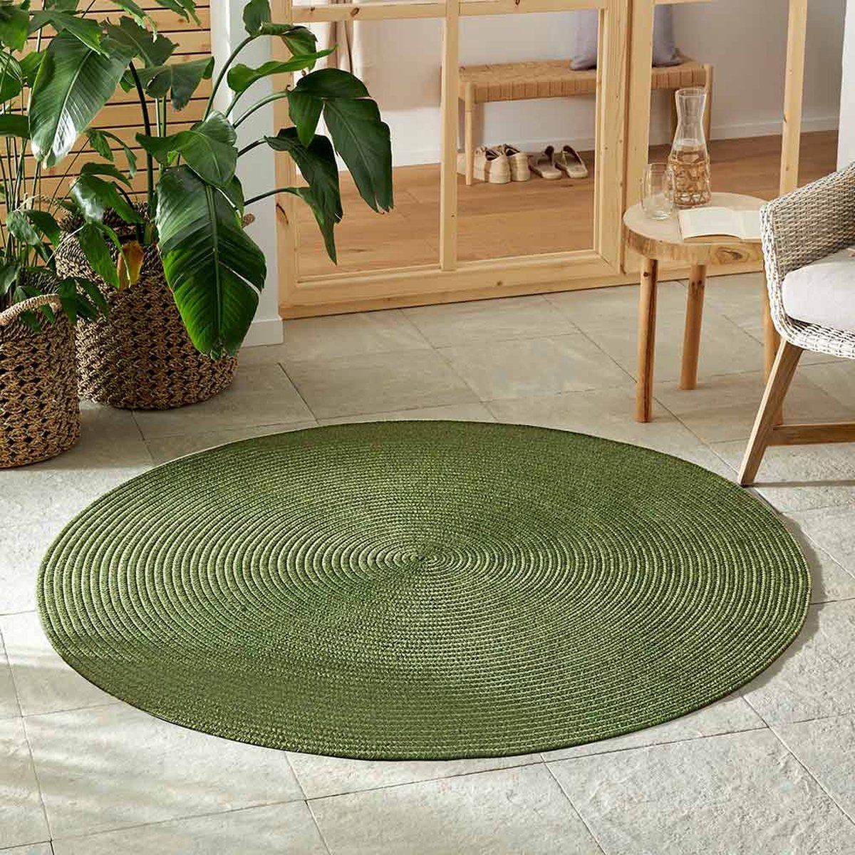 flycarpets Trenzado Rond Binnen- en buitenkleed Groen - Jute Look - Vloerkleed Buiten / Tuintapijt - Laagpolig - 150 cm