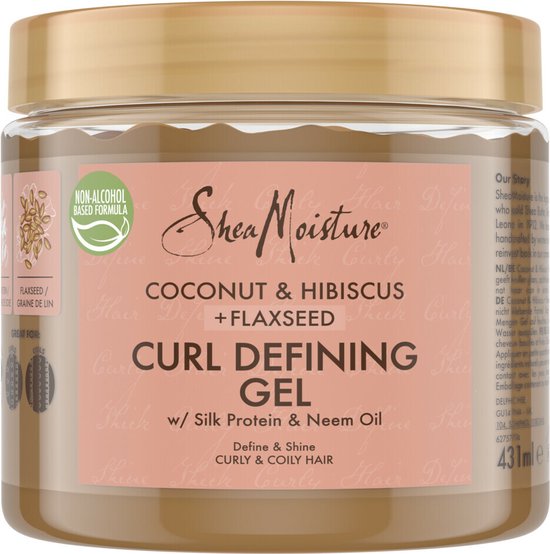 Shea Moisture Coconut & Hibiscus Curl Defining Gel, 431ml, in bruine pot met gouden dop.
