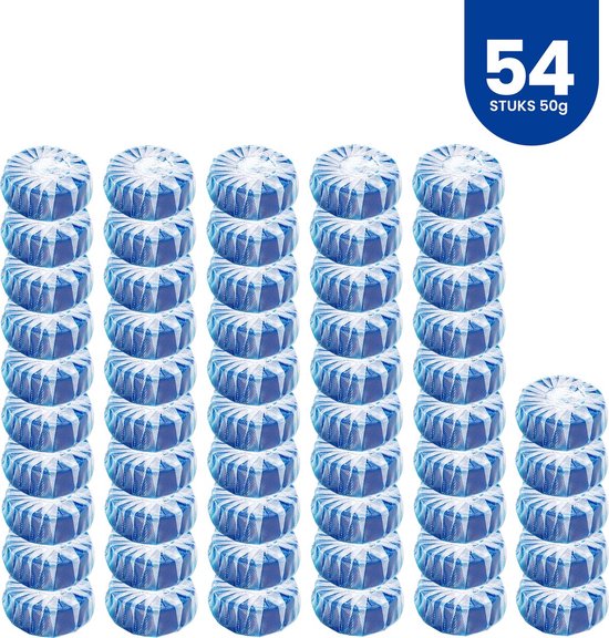 54 blauw-witte wc-blokjes, elk met een sterpatroon, gerangschikt in rijen.
