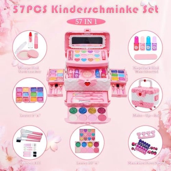 33 Kleuren Wasbare Kindermake-up Set Voor Meisjes - Veilig En Niet Giftig Cosmetica Speelgoed Met 5 Penselen Perfect Voor Verjaardagen En Feestjes