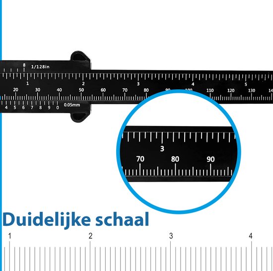 Detailopname van de zwarte Boeste schuifmaat, met duidelijke millimeter- en inchschaal, met vergroot detail.