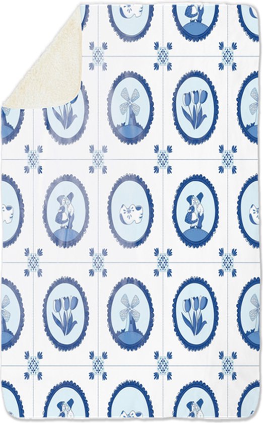 Fleecedeken Delfts blauw, 96x146cm, Polyester Sherpa, deken met print