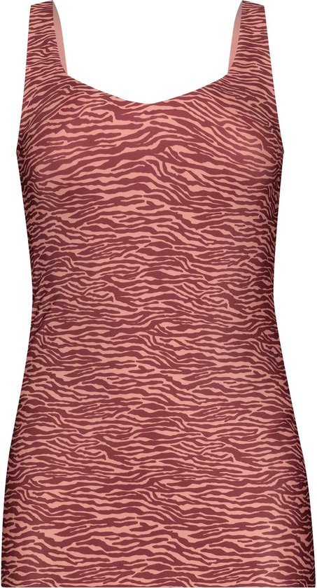 Roze singlet met zebraprint, brede bandjes en vierkante hals.
