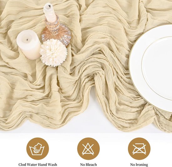 Tafelloper kaasdoek, 2 stuks, 90 x 300 cm, beige tafeldoek, lang, rustiek gaas, voor bruiloftsdecoratie, verjaardagsfeest, beige
