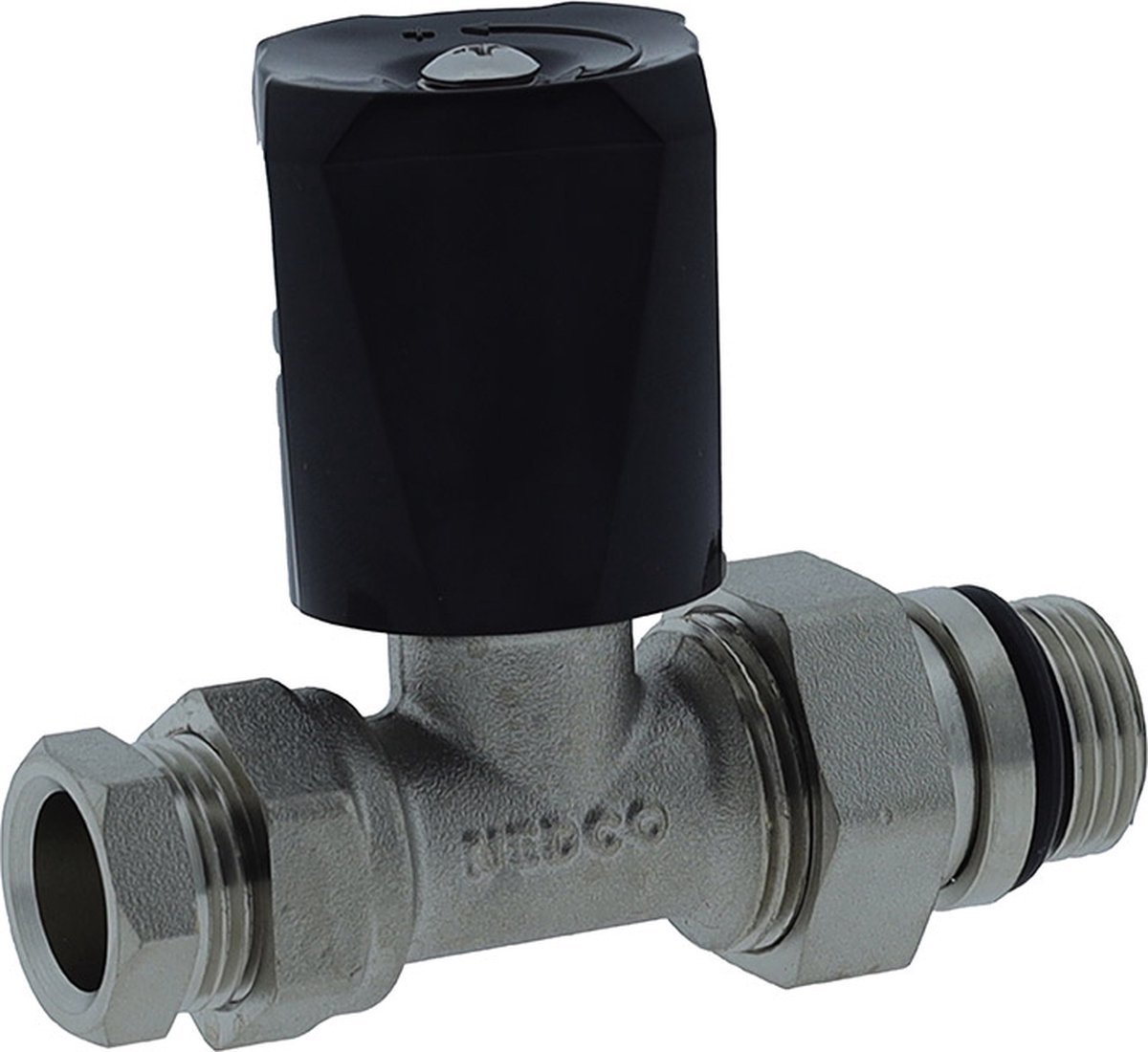 Radiatorkraan 15mm Recht met knelset 1/2x15mm zwarte knop