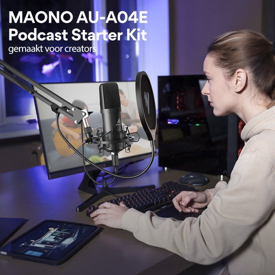 Maono AU-A04E - Professionele USB Streaming Microfoon met Arm - geschikt voor PC/PS4/MAC - met Software - Professionele geluidschipset voor Streamen / Zingen / Opnemen / Gamen / YouTube - Maono