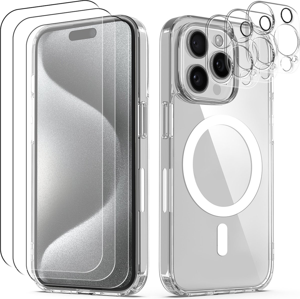 Nuvex Magsafe Hoesje Geschikt voor iPhone 15 Pro Max - Met 3x Screenprotector + 3x Cameraprotector - Magnetisch met Ring Doorzichtig - Telefoonhoesje Transparant Case