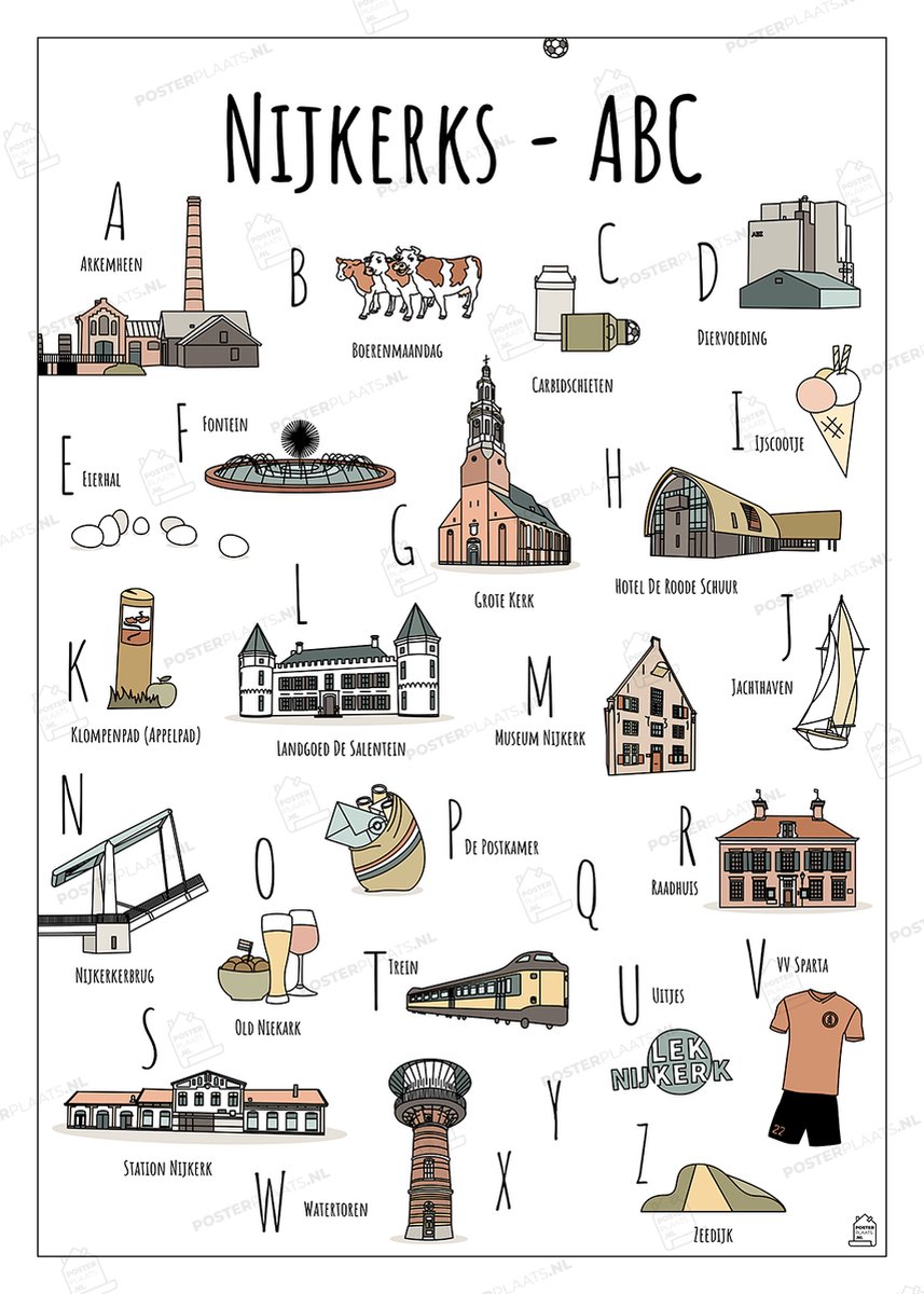 ABC Poster Nijkerk - 50 x 70 cm - Educatieve Letterposter met Handgetekende Illustraties - Kinderkamer & Wanddecoratie - Woondecoratie - Relatiegeschenk
