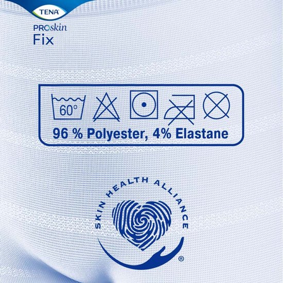 Witte TENA Proskin Fix fixatiebroek met wasvoorschriften en Skin Health Alliance logo.