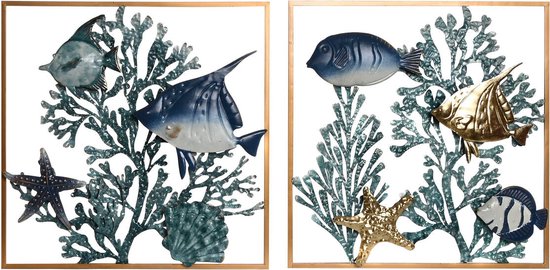 Wanddecoratie Home ESPRIT Blauw Gouden Mediterrane Vissen 50 x 4 x 50 cm (2 Stuks)