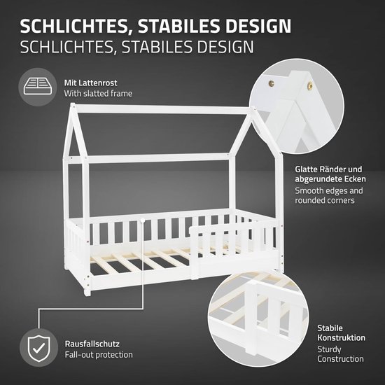 Kinderbed met uitvalbeveiliging lattenbodem en dak 70x140 cm Wit grenen hout ML-Design