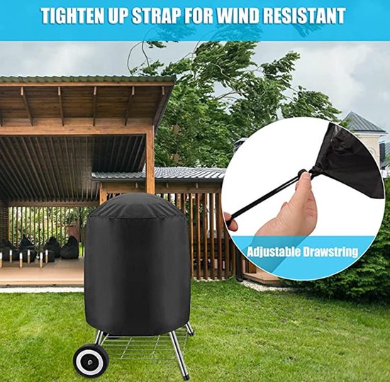 Zwarte ronde barbecuehoes met trekkoord voor winddichte sluiting. Afmetingen 71x73 cm.