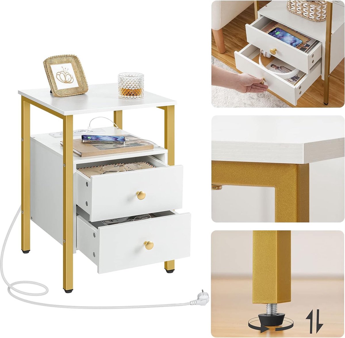 HOOBRO Night Tables with Charging Station, Set of 2, Side Tables, Sofa Tables with 2 Drawers, Coffee Tables with USB Ports for Living Room, Bedroom, 40 x 40 x 61 cm, Vintage