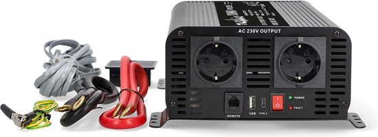 Nedis Auto Omvormer 1000W – 12V / 230V – 2x Stopcontact + USB-A & USB-C – Zuivere Sinusgolf – Schroefaansluiting – Spanningsomvormer