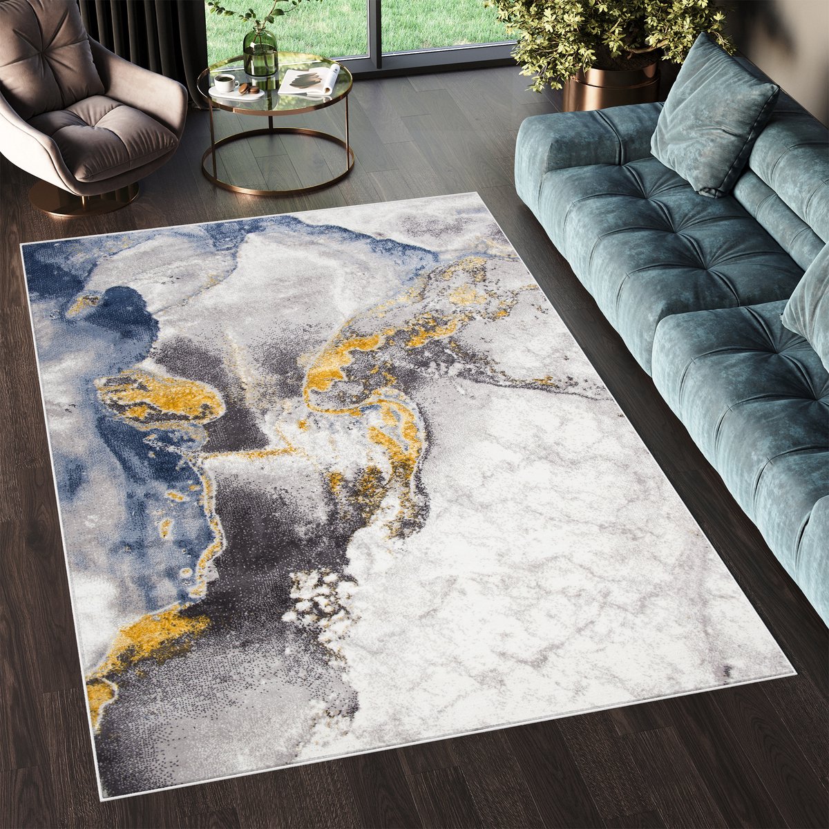 Tapiso Shine Vloerkleed Woonkamer Indoor Tapijt Maat- 80x150 Grijs Goudkleur 2