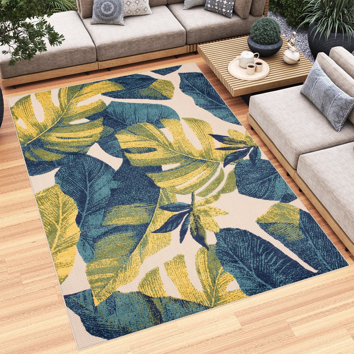Tapiso Patio Indoor Tapijt Tuintapijt Blauw Buiten Buitenkleed Planten Maat- 140x200