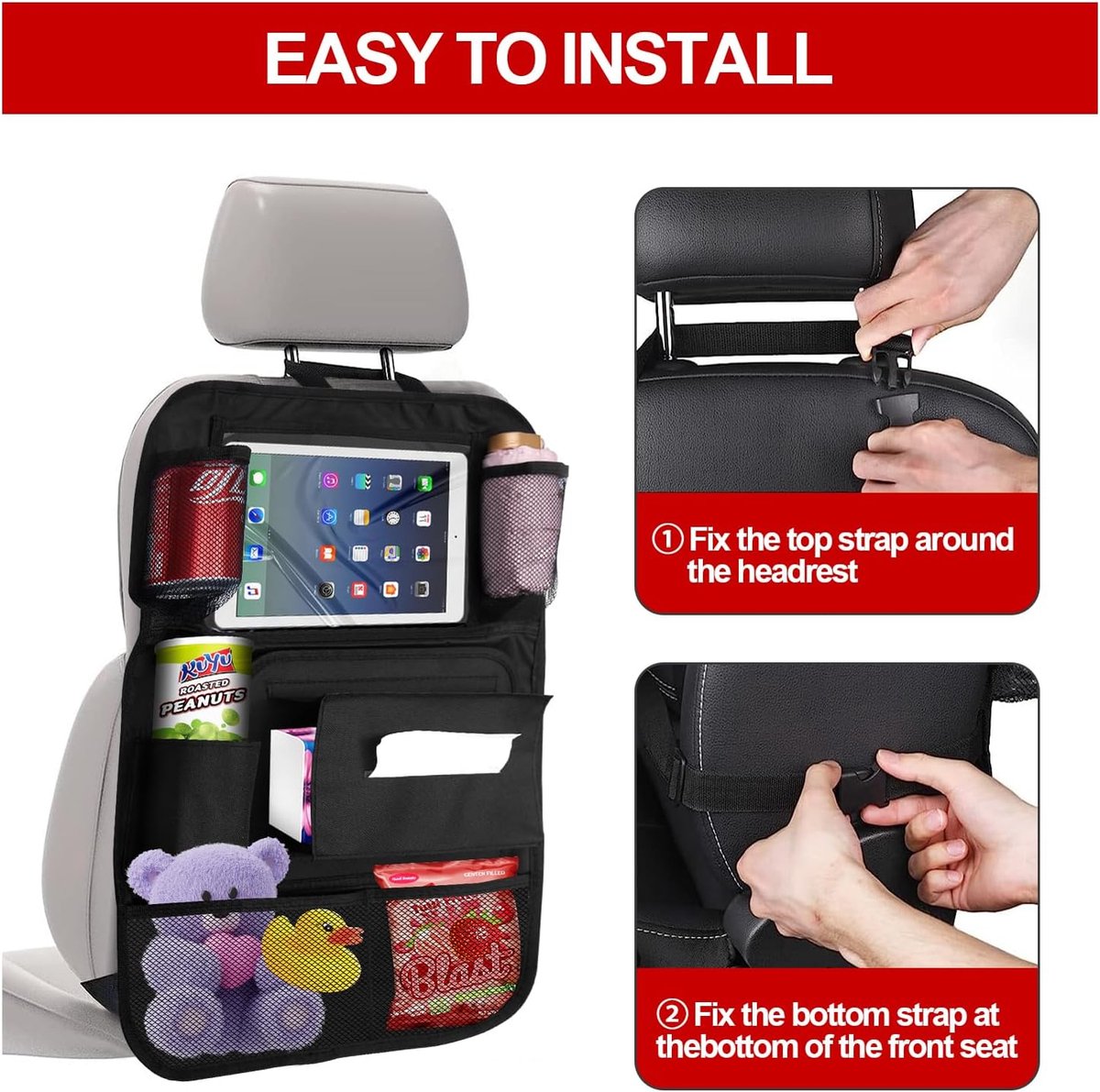 Auto-organizer, stoel-organizer voor kinderen, 2-delig, waterdichte rugleuningbescherming, auto met tabletvak, opbergvakken, achterbankbeschermer met 11 inch iPad/tablettas, kinderspeelgoedopslag