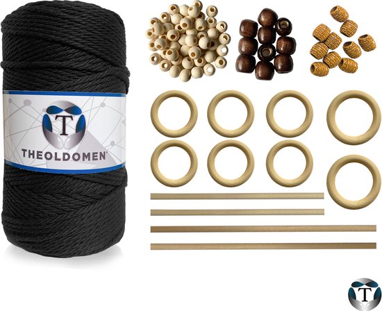 Macramé Pakket | 200 METER | Incl. Handleiding | Zwart | Starter Set | Ringen | Kralen |Stokken | Macramé Touw | 3mm | 100% Katoen | Macramé | Decoratie | DIY | Doe Het Zelf | Wandkleed | Dromenvanger | Plantenhanger | Tassen | TheOldOmen |